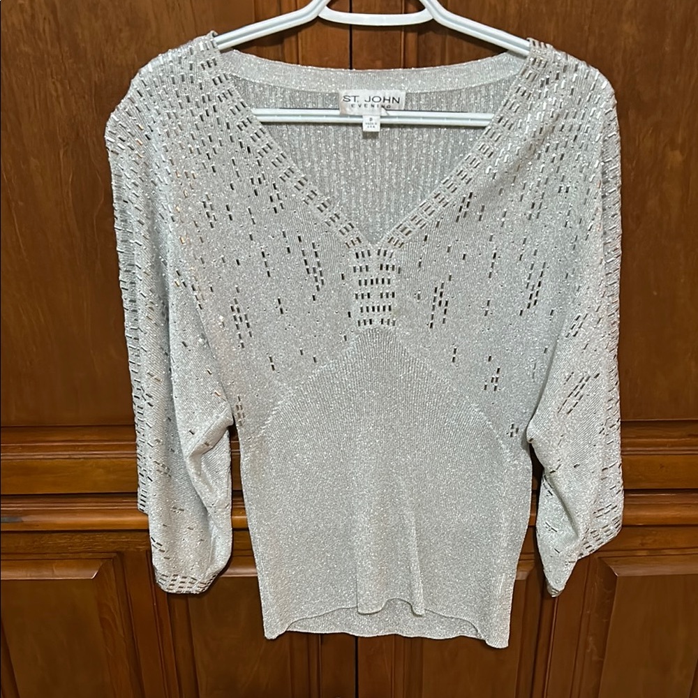 St. John Silver V-Neck Sweater with Intricate Embellishments